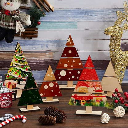 Soaoo 8 Pcs Christmas Standing Wood Pallet 8.66" x 6", 6" x 4" Christmas Tree Unfinished DIY Wooden Ornaments Kit Rustic Wooden Crafts 12 Colors Pigment Palettes and Paint Brushes