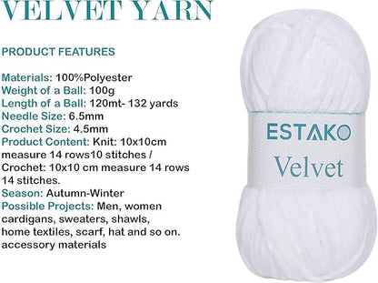 Estako Velvet Chenille Blanket amigurumi Yarn for Crocheting and Knitting Super Bulky 100 gr (132 yds) (1110 - White)