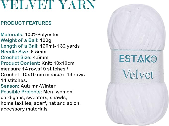Estako Velvet (3- Skeins Pack) Chenille Blanket amigurumi Yarn for Crocheting and Knitting Super Bulky 3x100 gr (3x132 yds) (1110 - White)