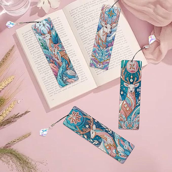 4 Pack DIY Diamond Painting Bookmarks, Special Shaped Deer Design Handmade Crystal Rhinestone Bookmark Kits with Tassel, Sparkling Art Bookmark for Reading Enthusiasts