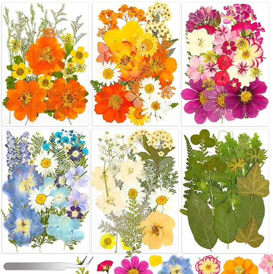 155Pcs Dried Pressed Flowers for Crafts, 6 Sheets Real Dry Florals and Leaves Bulk with Tweezer for Resin Molds Candle Soap Making Scrapbook Bookmarks Frames Supplies Kit Nail Art Makeup Decor