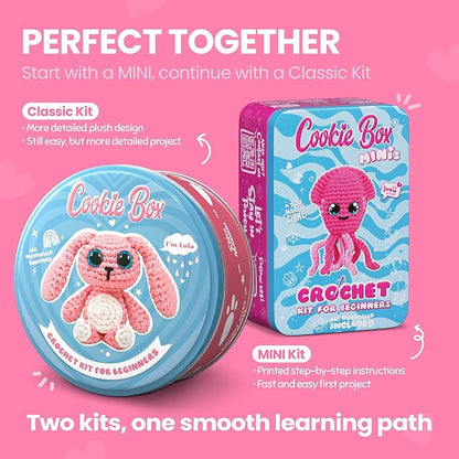 Cookie Box Crochet Kit for Beginners – Gift Set to Make Bunny Lola Amigurumi Plushie – Easy DIY Crochet & Knitting Starter Kit with Video and PDF Tutorials