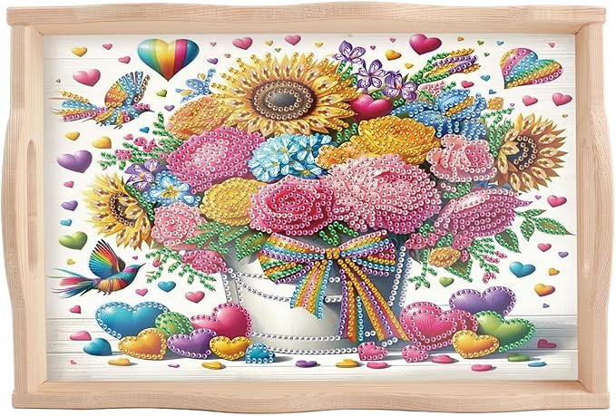JISHSHAY Diamond Art Serving Trays Diamond Painting Food Trays Gem Art Serving Platter Gem Painting Mosaic Kits for Adults DIY Kits for Adults, with Wood Handle 20×30cm/7.87×11.81in, Flower