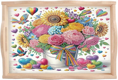 JISHSHAY Diamond Art Serving Trays Diamond Painting Food Trays Gem Art Serving Platter Gem Painting Mosaic Kits for Adults DIY Kits for Adults, with Wood Handle 20×30cm/7.87×11.81in, Flower