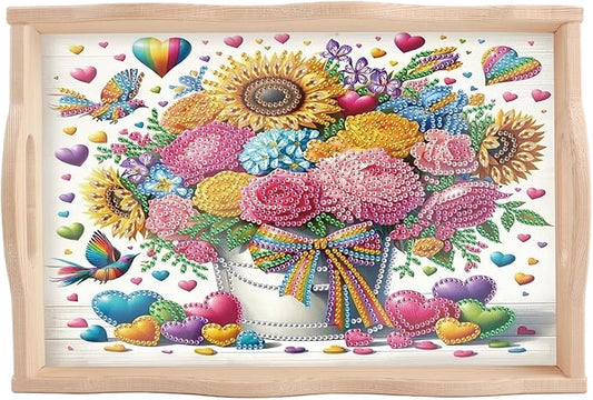 JISHSHAY Diamond Art Serving Trays Diamond Painting Food Trays Gem Art Serving Platter Gem Painting Mosaic Kits for Adults DIY Kits for Adults, with Wood Handle 20×30cm/7.87×11.81in, Flower