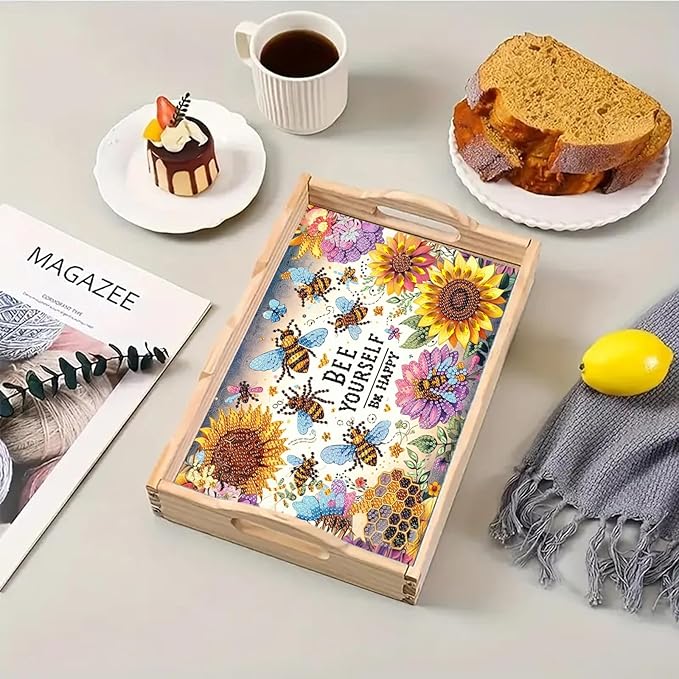 DoxQcs DIY Diamond Art Wooden Tray Kit Easter Food Tray with Handle Diamond Painted Table Decoration Tray for Breakfast Bar Dinner Table Diamond Art Painting for Beginners-#01-Sunflower Bee