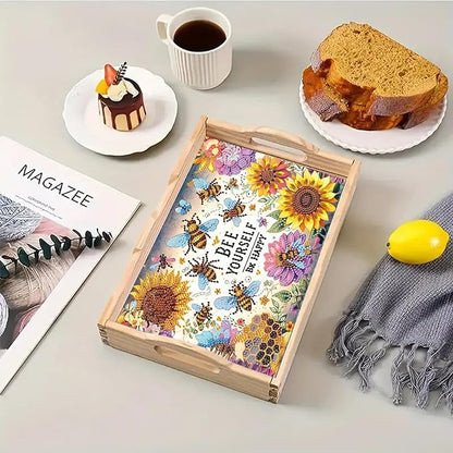 DoxQcs DIY Diamond Art Wooden Tray Kit Easter Food Tray with Handle Diamond Painted Table Decoration Tray for Breakfast Bar Dinner Table Diamond Art Painting for Beginners-#01-Sunflower Bee