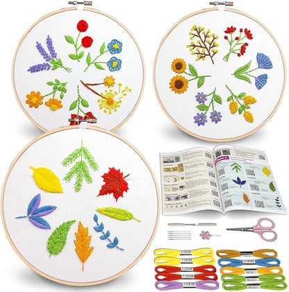 Bradove 3 Sets Leaves and Flowers Embroidery Kit for Beginners, Beginner Embroidery Kit for Adults, Learn to Embroider Kit Adult Beginner, Stitches Kit