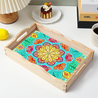 EWJRNSF Diamond Art Kits for Adults Wooden Serving Trays with Handles, 5D Diamond Painting Big Gem Arts and Craft Gifts Trays Decor Gift Home Decor 7.8x11.8 Inches Mandala F