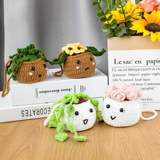 Inawenxlg Crochet Kit for Beginners with Video Tutorials – Amigurumi Starter Set to Make 4 Hanging Potted Plants DIY Crochet Craft Kit for Adults & Teens