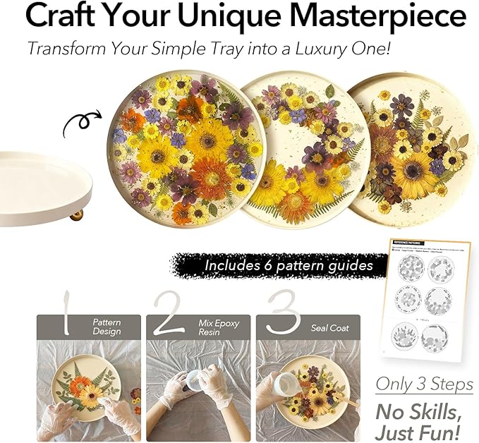 GooCare DIY Decorative Tray Craft Kit for Adult - Create Your Own Real Flower Tray with Epoxy Resin, Metal Tray for Vanity, Perfume, Key, Trinket Organizer, Table Decor, Beginner Friendly (Beige, Pro)