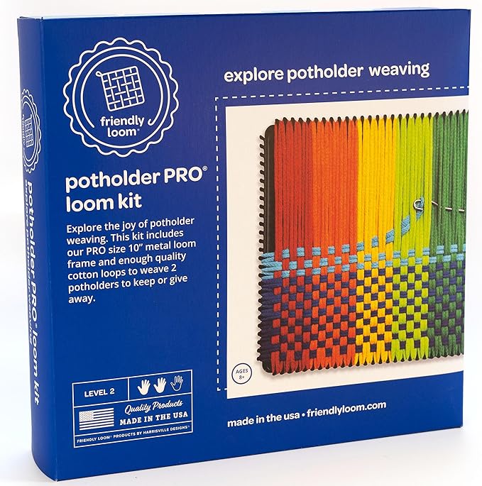Harrisville Designs Friendly Loom Potholder Pro Weaving Kit | 10”x10” Sturdy Metal Loom and Quality Cotton Weaving Loops | Complete Kit to Weave 2 Large, Durable Potholders | Made in The USA