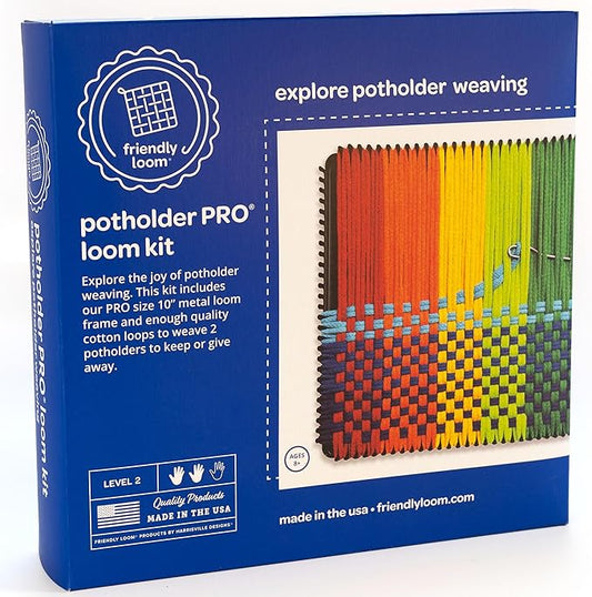 Harrisville Designs Friendly Loom Potholder Pro Weaving Kit | 10”x10” Sturdy Metal Loom and Quality Cotton Weaving Loops | Complete Kit to Weave 2 Large, Durable Potholders | Made in The USA