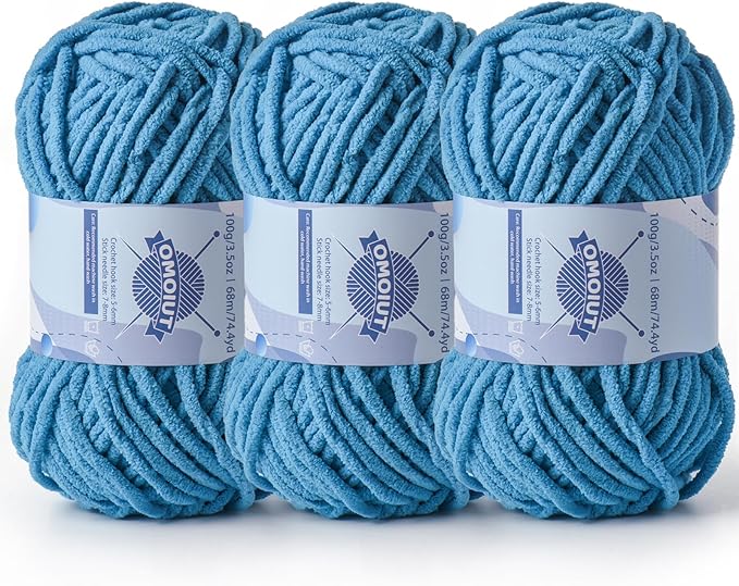 Chunky Chenille Yarn for Crocheting，Baby Yarn for Crocheting Soft Blankets，Bulky Yarns for Crochet Amigurumi，3×100g (3×74.3yds) Fluffy Velvet Yarns for Hand Knitting (3 Lake Blue)