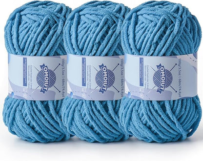 Chunky Chenille Yarn for Crocheting，Baby Yarn for Crocheting Soft Blankets，Bulky Yarns for Crochet Amigurumi，3×100g (3×74.3yds) Fluffy Velvet Yarns for Hand Knitting (3 Lake Blue)