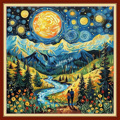 DMCVIVR Stamped Cross Stitch Kits for Beginners Adults Needlepoint Kits for Beginners Embroidery Kits for Adults Crossstitch Kit for Beginners 11CT-Couples Under The Starry Night 18x18 inchs