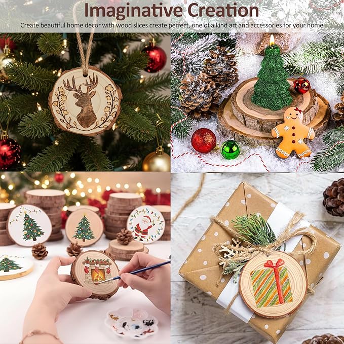 Kathfly 20 Pcs Unfinished Wood Slice with Hole for Centerpieces 3.5-8 Inch 4 Sizes Natural Wood Craft Kit Round Wooden Discs with Paint Brush Palette DIY Craft Christmas Ornament Wedding Home Decor