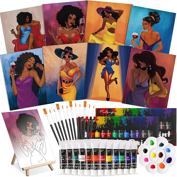 Cholemy 36 Pcs Valentine Paint and Sip Kit for Adults 8''x10'' Pre Drawn Canvas for Painting DIY Afro Acrylic Painting Kit Wood Easel Brushes Date Night Bulk for Party Gifts(Charming Lady)