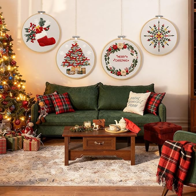 CYANFOUR 4 Pack Christmas Embroidery Kit for Beginners, with Step-by-Step Instructions and Clear Videos, Includes Multiple Accessories, Gift for Craft Lovers.