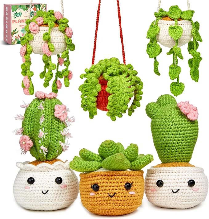 MAGIMUSE Crochet Kit for Beginners, Crochet Starter Kits, Amigurumi Craft Knitting Crocheting Kits with Step-by-Step Video Tutorials, 6 Pack Hanging Potted Plants Family(40%+ Yarn