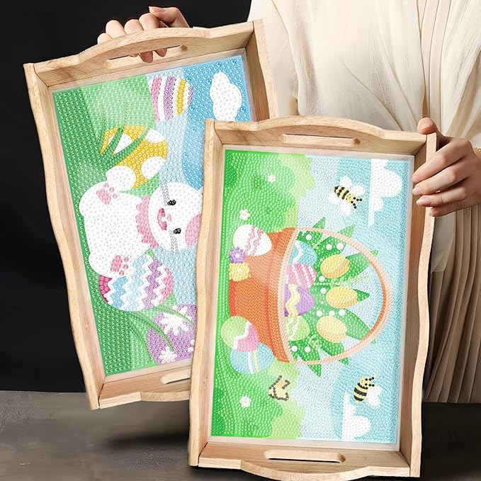 DIY Art Painting Wooden Tray Kit with Handle - Diamond Painted Table Decoration for Breakfast, Bar, Dinner - Beginner Art Set (#35-Easter Eggs)