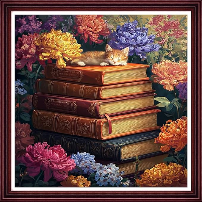 DMCCRAFT Stamped Cross Stitch Kits for Adults 11CT Printed Cross-Stitch Patterns Embroidery Kits Easy Cross Stitching Needlepoint Kits Crossstitch-Cat Flower Book 18x18 inch