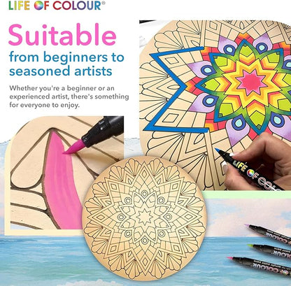 Life of Colour Mandala Painting Kit - Extra Large 15" Color Your Own Beach Engraved Board with 12 Acrylic Paint Pens - Restorative Mandala Art Meets Dramatic Wall Décor, Big 15+ Inch Size