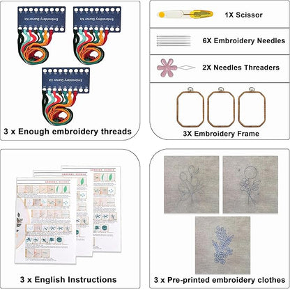 Maydear 3 Pack Embroidery Starter Kit with Pattern, Stamped Cross Stitch Kits for Beginners Adults with Embroidery Hoop and Instructions, Hand Embroidery Kit (B Set Embroidery Starter Kit)
