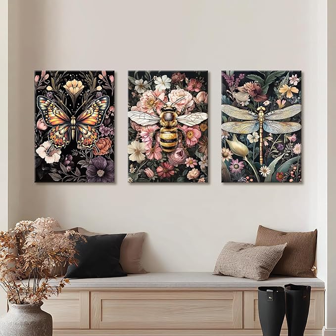 WENGTIAO 3Pcs Vintage Insect Canvas Wall Art Gothic Dark Flower Prints Bee Butterfly Dragonfly Pictures Nature Plant Paintings Artwork for Living Room Bathroom Bedroom 20x28x3