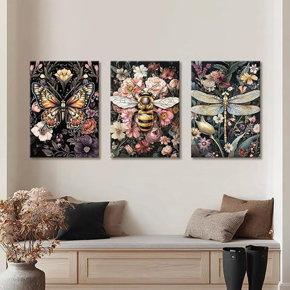 WENGTIAO 3Pcs Vintage Insect Canvas Wall Art Gothic Dark Flower Prints Bee Butterfly Dragonfly Pictures Nature Plant Paintings Artwork for Living Room Bathroom Bedroom 20x28x3