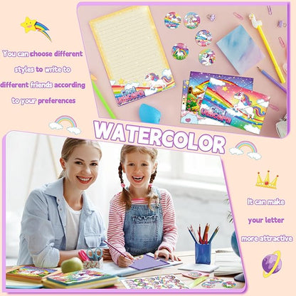 TaoBary 160 Pcs Stationery Paper Set 50 Double Sided Stationery Papers with 50 Matching Envelopes and 60 Round Dot Sticker, 10 Design(Unicorn,8.5 x 11 Inch)