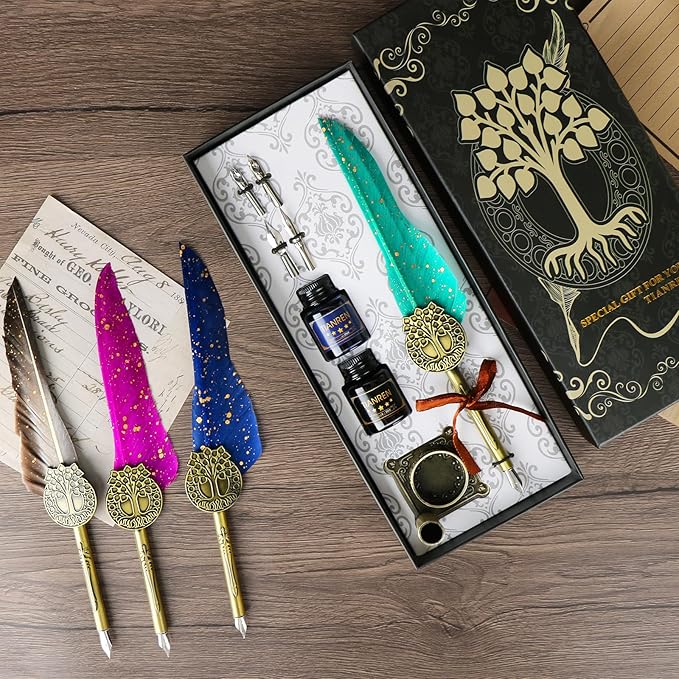 TIANREN Feather Pen and Ink Set,quill pen ink set,Antique Calligraphy Pen with 4 Replaceable Nibs,2 Bottle of ink,Pen Holder Christmas Gift for Men&Women.(Green)