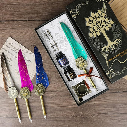 TIANREN Feather Pen and Ink Set,quill pen ink set,Antique Calligraphy Pen with 4 Replaceable Nibs,2 Bottle of ink,Pen Holder Christmas Gift for Men&Women.(Green)