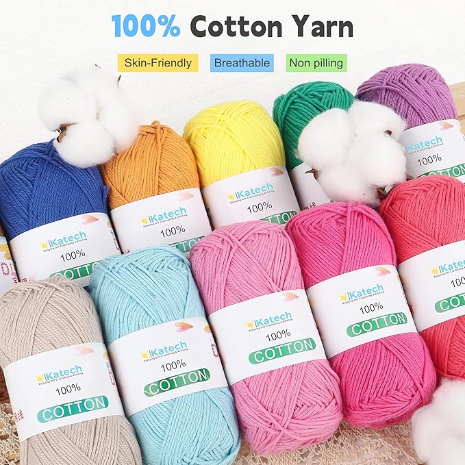 Katech 1OO% Cotton Yarn for Crocheting & Knitting–12-Color of 137 Yards/1.76 oz Baby Cotton Yarn Sport Weight CYC #2-Soft & Breathable-Ideal for Dishcloths, Baby Clothes, Potholders