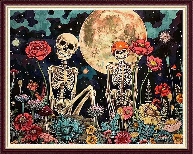 Joycasa Stamped Cross Stitch Kits for Beginners Full Range of Cross Stitching 11 CT Printed Cross Stitch Kit for Adults Cross-Stitch Patterns Needlepoint Kits-Moon Couple Skeleton 16x20 inchs