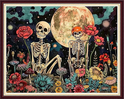 Joycasa Stamped Cross Stitch Kits for Beginners Full Range of Cross Stitching 11 CT Printed Cross Stitch Kit for Adults Cross-Stitch Patterns Needlepoint Kits-Moon Couple Skeleton 16x20 inchs