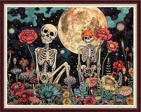 Joycasa Stamped Cross Stitch Kits for Beginners Full Range of Cross Stitching 11 CT Printed Cross Stitch Kit for Adults Cross-Stitch Patterns Needlepoint Kits-Moon Couple Skeleton 16x20 inchs