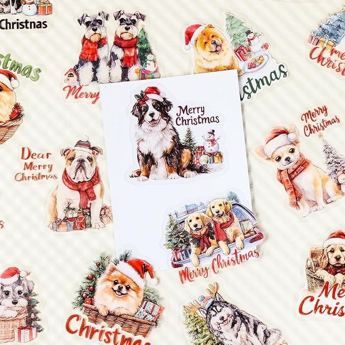56 Pcs Cute Christmas Dog Stickers, Clear Waterproof Scrapbook Stickers with Santa Hat & Gifts, Adorable Puppy Holiday Decorative Decals for Journals, Crafts Cards Making