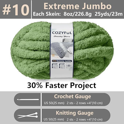 Chunky Yarn for Hand Knitting - #10 Chunky Chenille Yarn, Jumbo Big Thick Chunky Yarns for Crocheting, Super Bulky Chunky Knit Blanket Yarns, 8 Skein (25 yds 8 oz Each Skein), Smoky Green