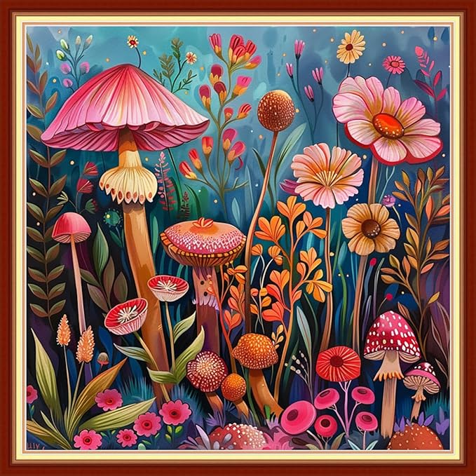 Joyhoor Stamped Cross Stitch Kits for Beginners Needlepoint Kits for Adults Embroidery Kits 11CT Counted Cross Stitch Kits Printed Embroidery Pattern-Mushroom Flowers 18x18 inchs