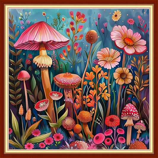 Joyhoor Stamped Cross Stitch Kits for Beginners Needlepoint Kits for Adults Embroidery Kits 11CT Counted Cross Stitch Kits Printed Embroidery Pattern-Mushroom Flowers 18x18 inchs