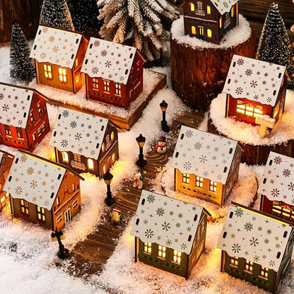 29 Pcs DIY Christmas Village Sets 12 Pcs Wood Village Houses Xmas Scene Figurines Decoration Mini Tree Desktop Ornament for Indoor Room Landscape Xmas Holiday Party Decor (Winter Style)
