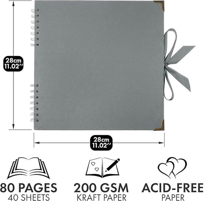 Bstorify Square Scrapbook Photo Albums 80 Pages (11 x 11 Inch) Grey Thick Paper, Hardcover, Ribbon Closure - Ideal for Your Scrapbooking Albums, Art & Craft Projects (Grey, 11 x 11 Inch)