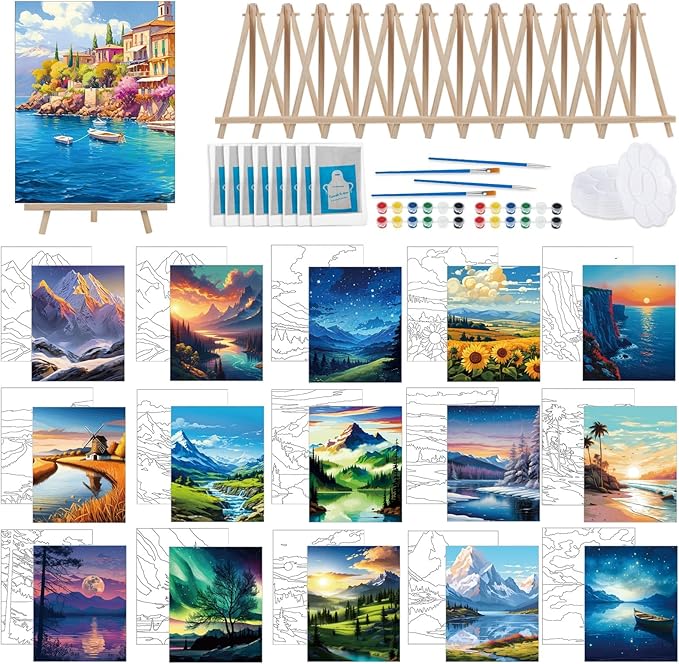 Tenceur 16 Sets Pre Drawn Canvas to Paint for Sip and Paint Party, 8 x 10 Inch Preprinted Framed Pre Sketched Coloring Canvas with Easels and Brushes for Adults Party Supplies(Landscape)