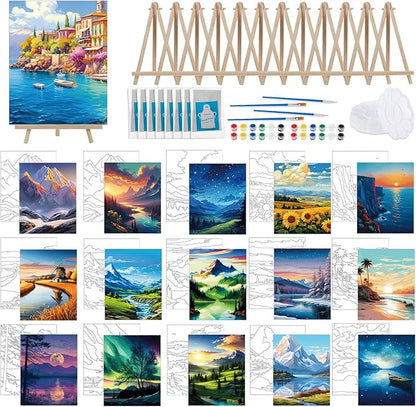 Tenceur 16 Sets Pre Drawn Canvas to Paint for Sip and Paint Party, 8 x 10 Inch Preprinted Framed Pre Sketched Coloring Canvas with Easels and Brushes for Adults Party Supplies(Landscape)