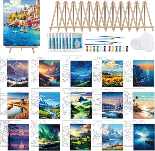 Tenceur 16 Sets Pre Drawn Canvas to Paint for Sip and Paint Party, 8 x 10 Inch Preprinted Framed Pre Sketched Coloring Canvas with Easels and Brushes for Adults Party Supplies(Landscape)