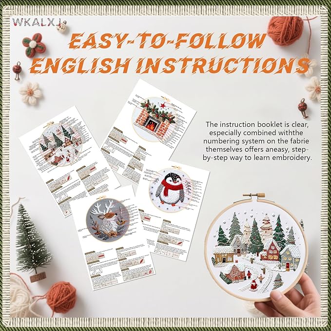 WKALXJ 4 Sets Christmas Embroidery Kits for Adults, Embroidery Kit for Beginners, Cross Stitch Kits for Beginners with Pattern, Needles, Threads, Tools (Resort+Penguin+Fireplace+Elk)