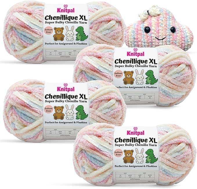 Chenillique XL Plush Chenille Yarn – 4-Pack (352 Yards / 400 g) – Variegated Super Bulky Yarn for Plushies, Blankets, Amigurumi & Accessories - Pastel Dreams