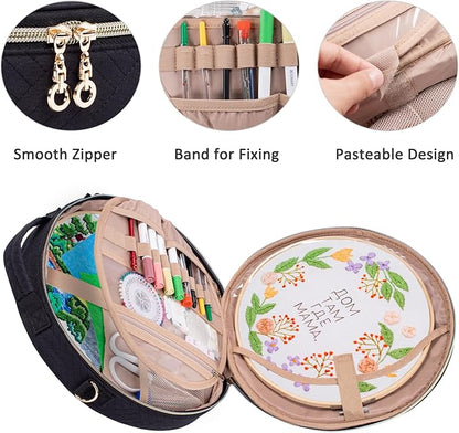 | Round Embroidery Bag(Empty) - Embroidery Storage Bag -Cross Stitch Supplies Organizer with Multiple Pockets for Embroidery Kits, Cross Stitch Suppliers, Embroidery Floss (Bag Only)