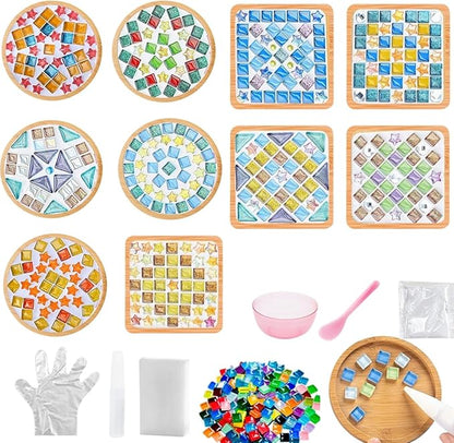 kuchisity 10 Set DIY Glass Mosaic Tiles for Crafts, Mixed Color Mosaic Kits with Wooden Coasters for Adults Bamboo Coaster for Creative Handmade Drinks Home Decoration